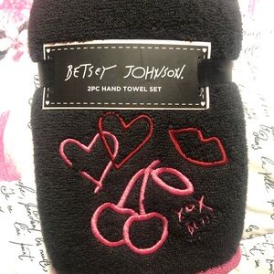 Betsey Johnson Black Towel Set with Red and Pink Embroidery RARE